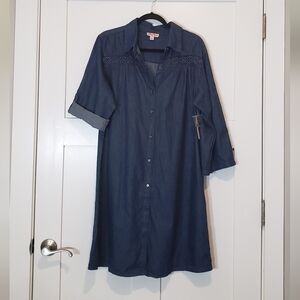 Falling Flower Shirt Dress Midi Chambray Denim Button Up Size 1X  Collar Lace